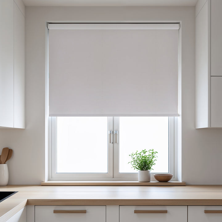Kitchen window with a roller blind, potted plant, and kitchen utensils.