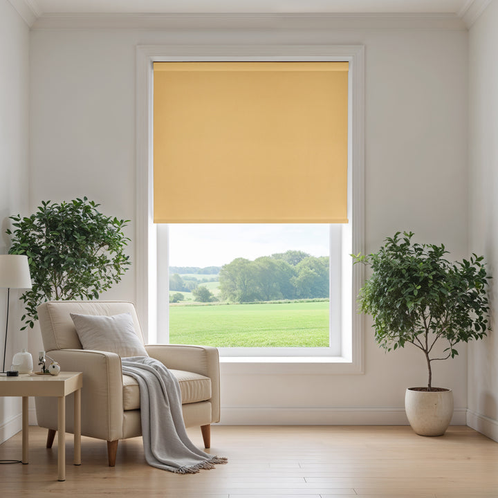 Living room with a yellow roller blind, beige armchair, and potted plants.