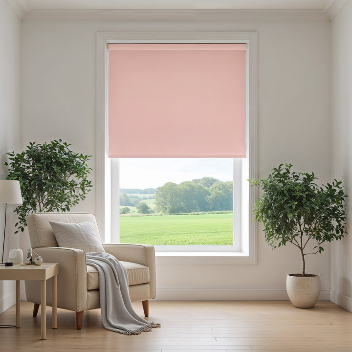 Living room with a pink roller blind, beige armchair, and potted plants.