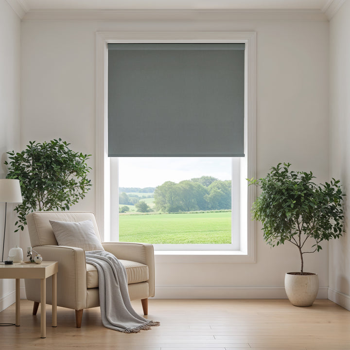 Living room with a window featuring a gray roller blind, beige armchair, and potted plants.
