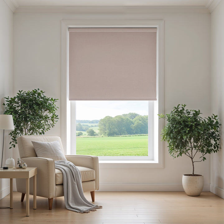 Living room with a window featuring a stone grey roller blind, a beige armchair with a blanket, and two potted plants.